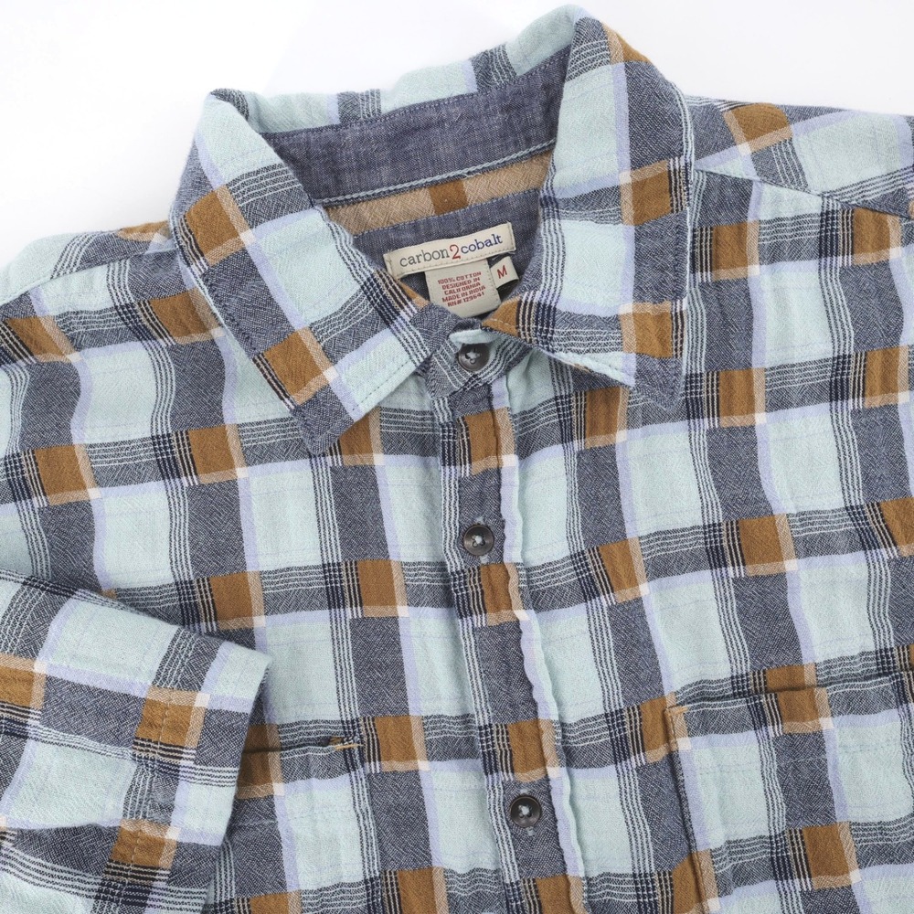 Carbon 2 Cobalt Plaid Double Cloth Button Down Blue Short Sleeve Mens Medium